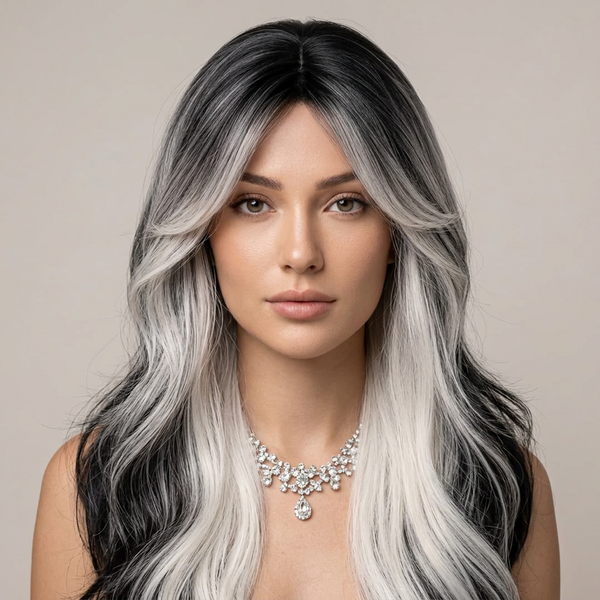 Dramatic Black-to-Silver Ombré Wavy Wig