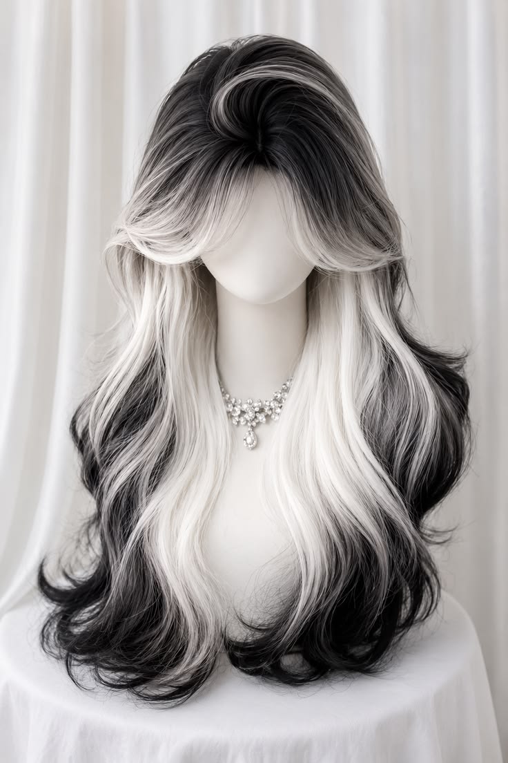 Dramatic Black-to-Silver Ombré Wavy Wig