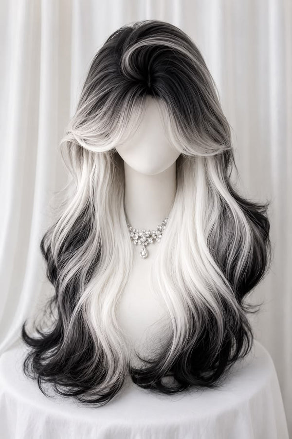 Dramatic Black-to-Silver Ombré Wavy Wig
